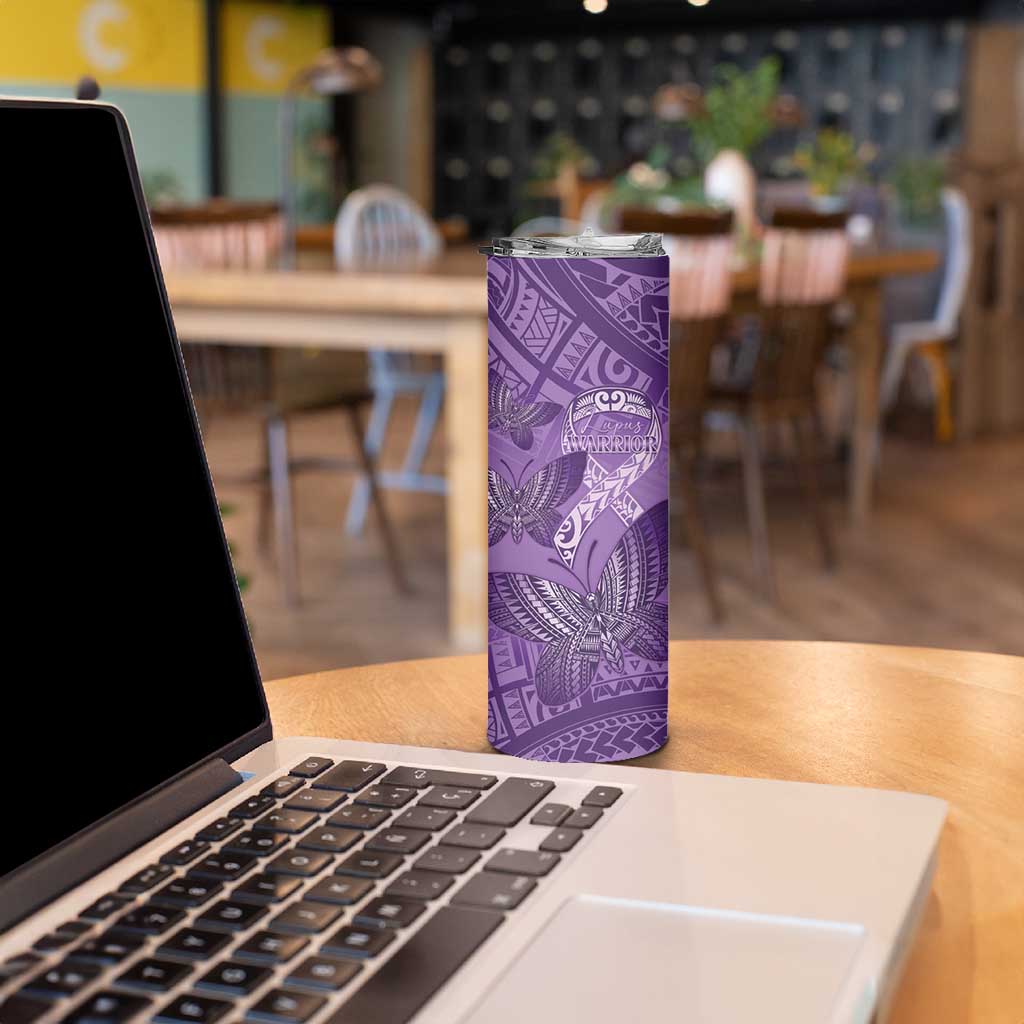 Personalised Polynesia Lupus Awareness Month Skinny Tumbler Warrior Purple Ribbon Polynesian Butterflies LT14 - Polynesian Pride