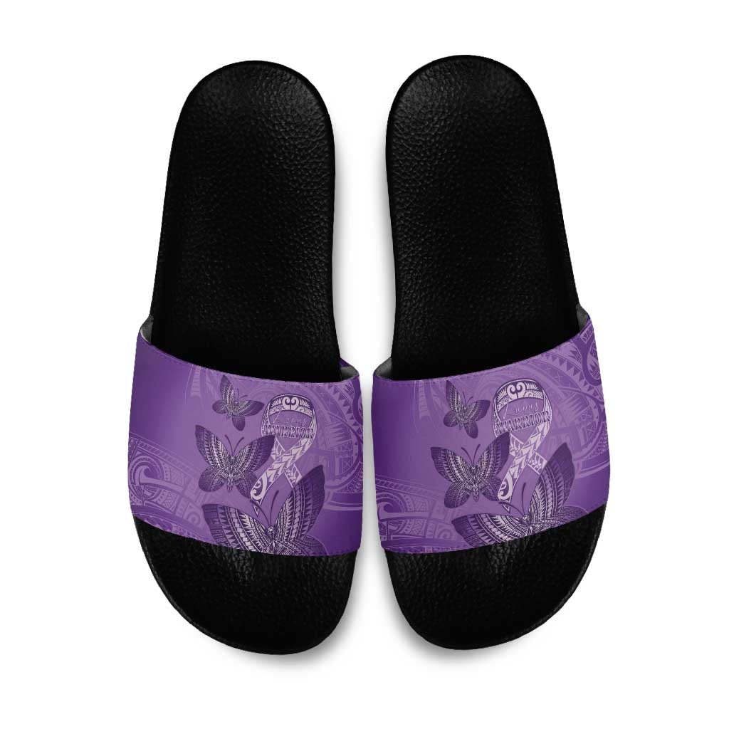 Polynesia Lupus Awareness Month Slide Sandals Warrior Purple Ribbon Polynesian Butterflies LT14 Purple - Polynesian Pride