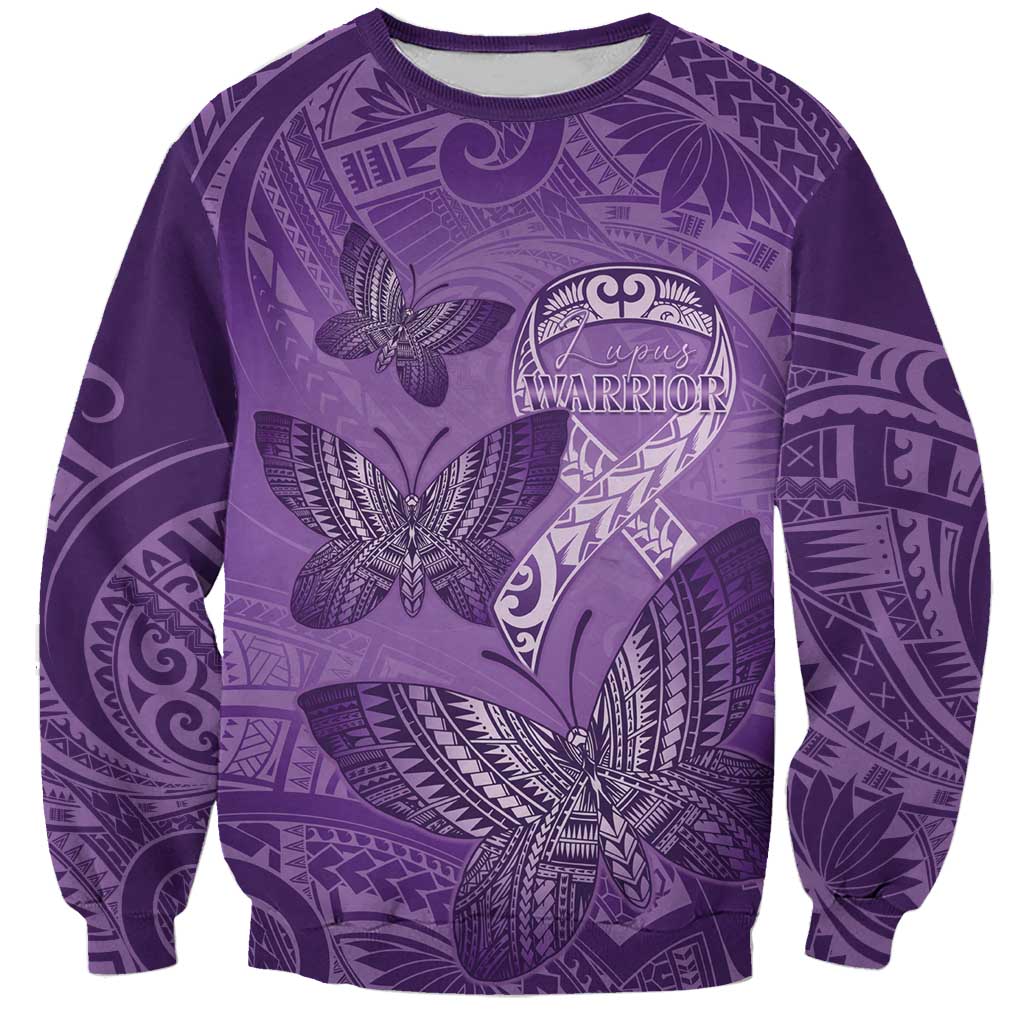Personalised Polynesia Lupus Awareness Month Sweatshirt Warrior Purple Ribbon Polynesian Butterflies LT14 Unisex Purple - Polynesian Pride
