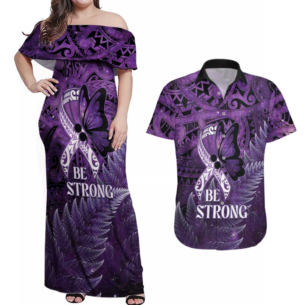 Lupus Awareness Month New Zealand Couples Matching Off Shoulder Maxi Dress and Hawaiian Shirt Be Strong Warrior Maori Silver Fern