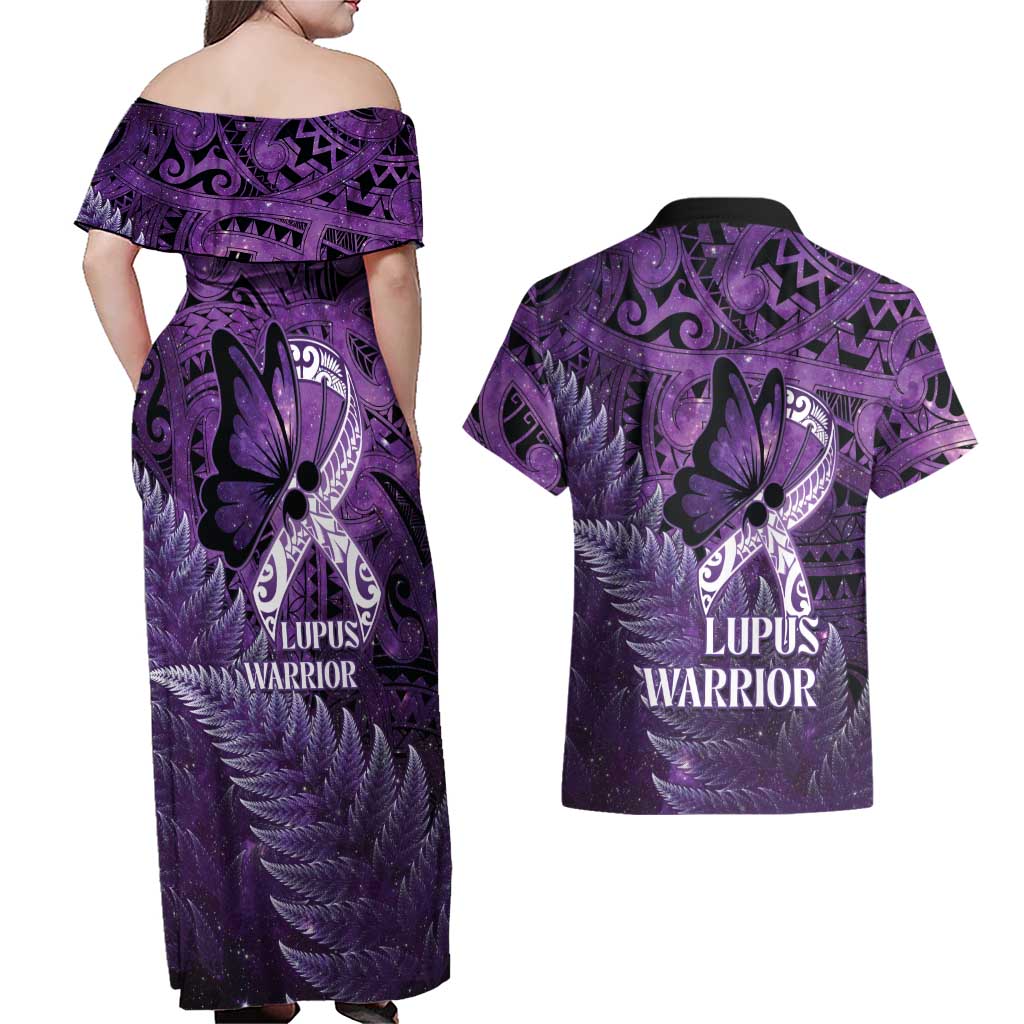 Lupus Awareness Month New Zealand Couples Matching Off Shoulder Maxi Dress and Hawaiian Shirt Be Strong Warrior Maori Silver Fern
