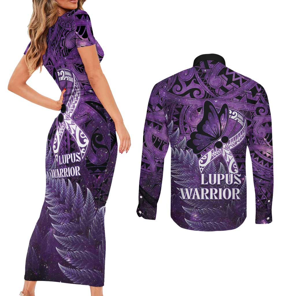 Lupus Awareness Month New Zealand Couples Matching Short Sleeve Bodycon Dress and Long Sleeve Button Shirt Be Strong Warrior Maori Silver Fern