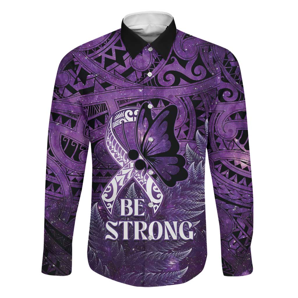 Lupus Awareness Month New Zealand Family Matching Off The Shoulder Long Sleeve Dress and Hawaiian Shirt Be Strong Warrior Maori Silver Fern LT14 Dad's Shirt - Long Sleeve Purple - Polynesian Pride