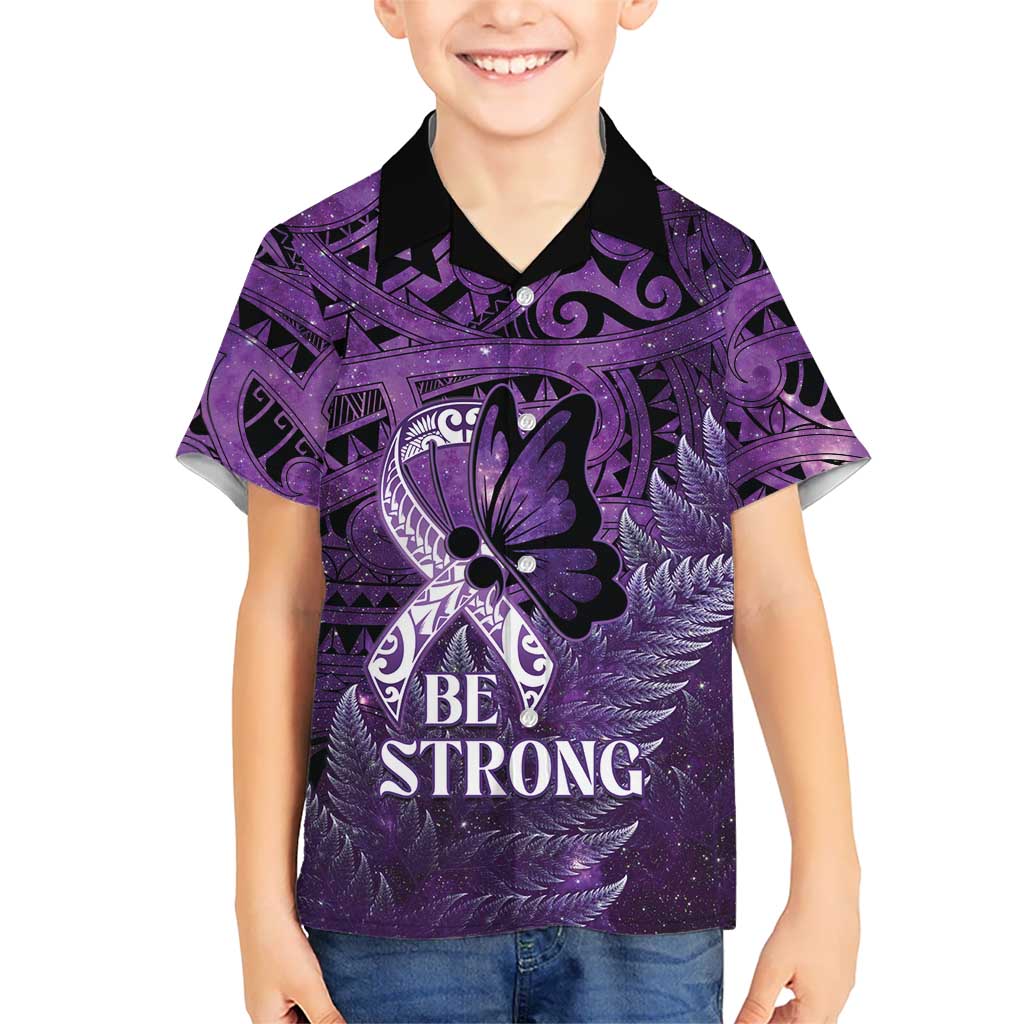 Lupus Awareness Month New Zealand Family Matching Off The Shoulder Long Sleeve Dress and Hawaiian Shirt Be Strong Warrior Maori Silver Fern LT14 Son's Shirt Purple - Polynesian Pride