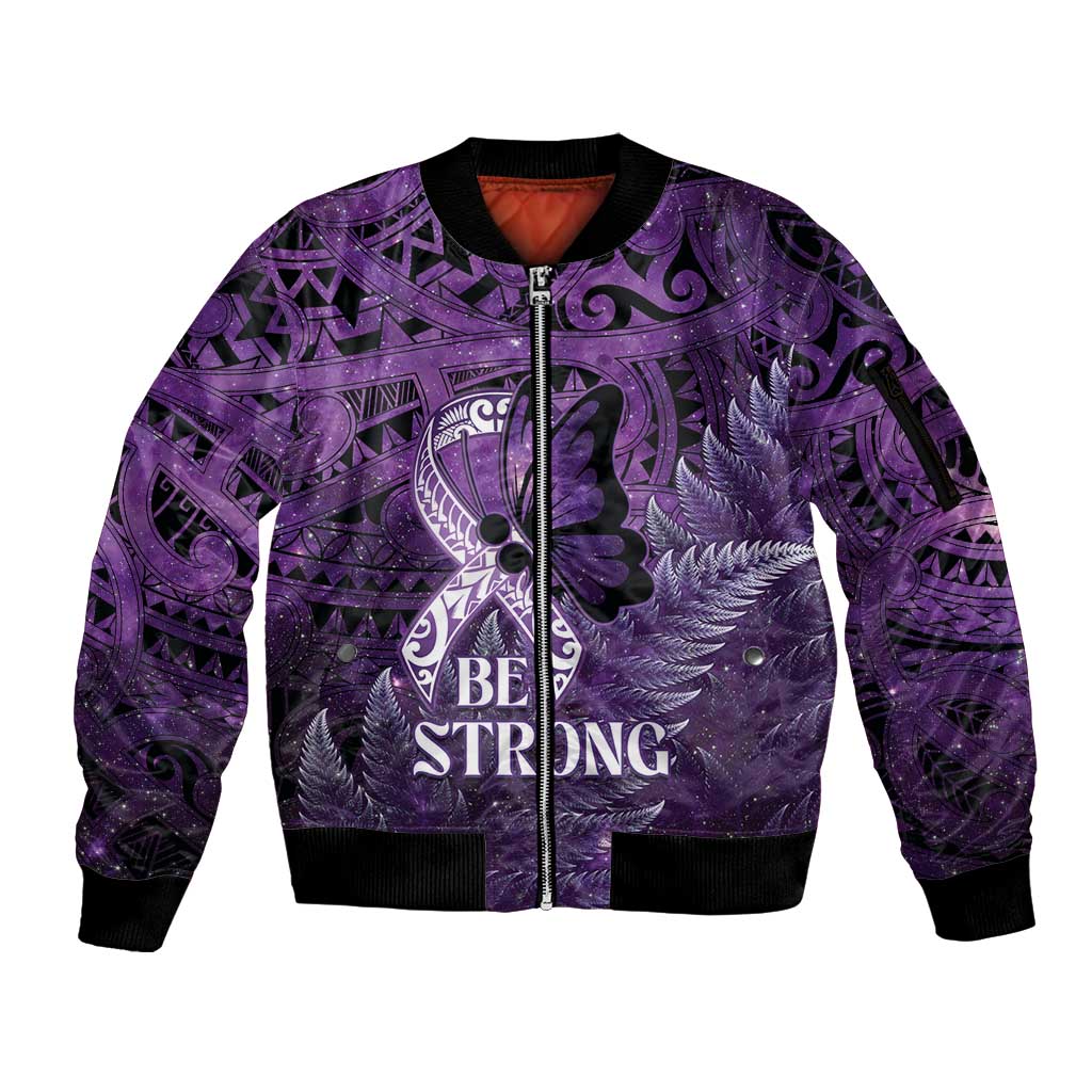 Lupus Awareness Month New Zealand Sleeve Zip Bomber Jacket Be Strong Warrior Maori Silver Fern LT14 Unisex Purple - Polynesian Pride