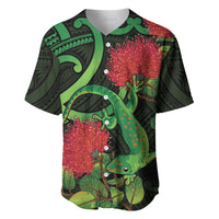 New Zealand Gecko Baseball Jersey Aotearoa Maori With Pohutukawa Flowers LT14 Black - Polynesian Pride