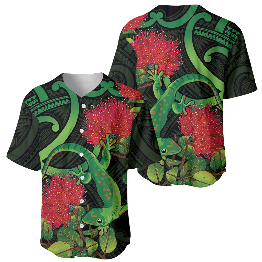 New Zealand Gecko Baseball Jersey Aotearoa Maori With Pohutukawa Flowers LT14 - Polynesian Pride