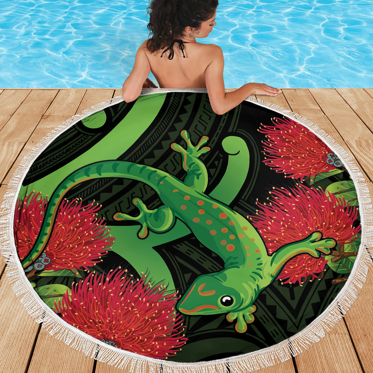 New Zealand Gecko Beach Blanket Aotearoa Maori With Pohutukawa Flowers