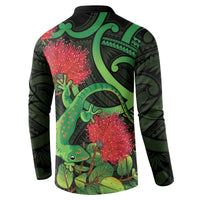 New Zealand Gecko Button Sweatshirt Aotearoa Maori With Pohutukawa Flowers
