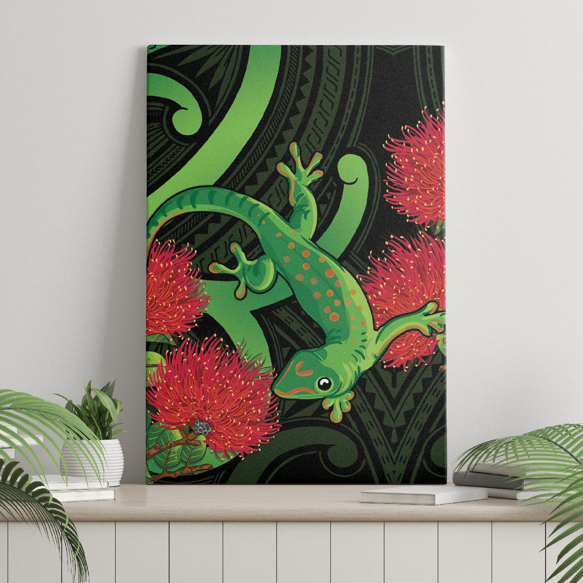 New Zealand Gecko Canvas Wall Art Aotearoa Maori With Pohutukawa Flowers