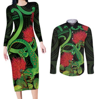 New Zealand Gecko Couples Matching Long Sleeve Bodycon Dress and Long Sleeve Button Shirt Aotearoa Maori With Pohutukawa Flowers LT14 Black - Polynesian Pride