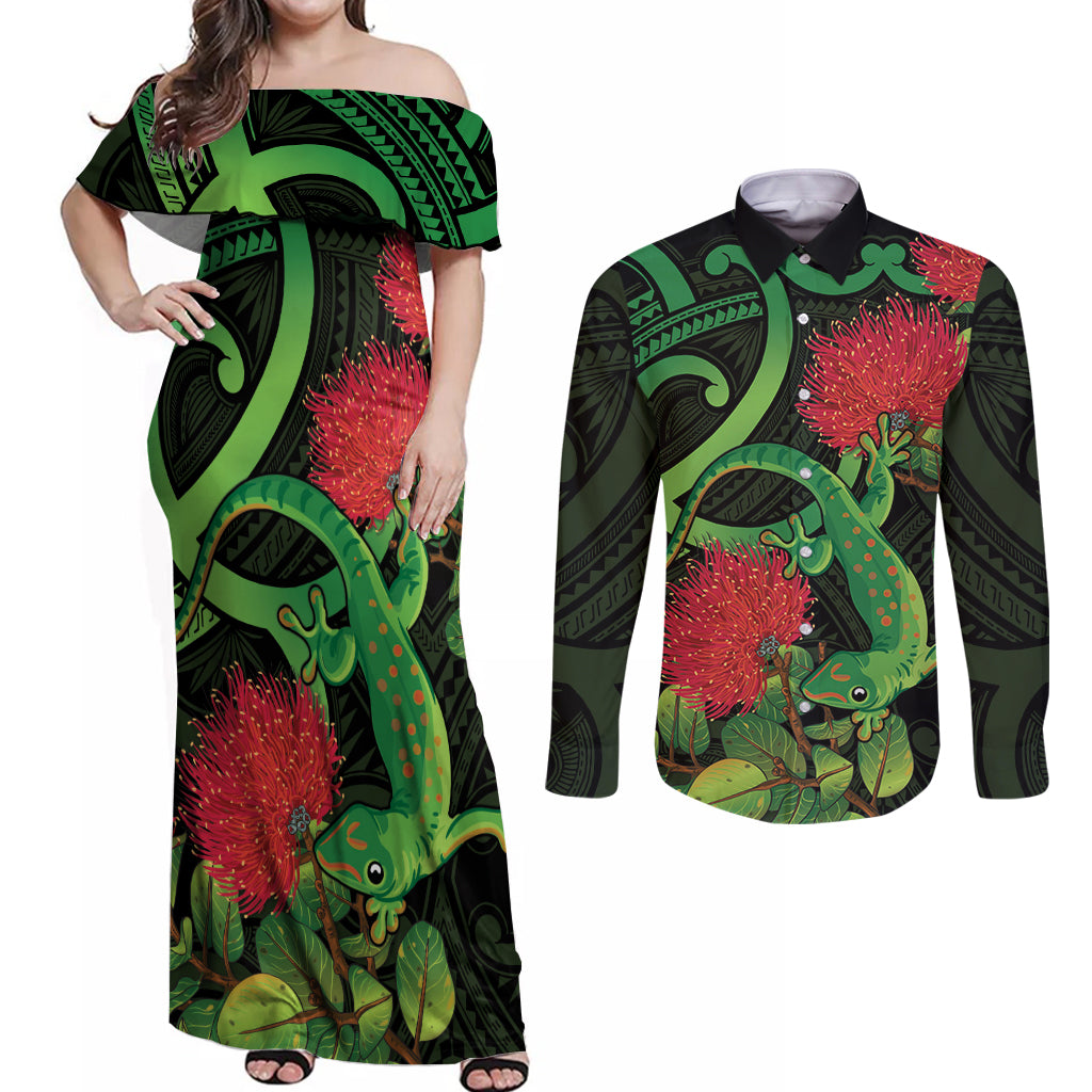 New Zealand Gecko Couples Matching Off Shoulder Maxi Dress and Long Sleeve Button Shirt Aotearoa Maori With Pohutukawa Flowers