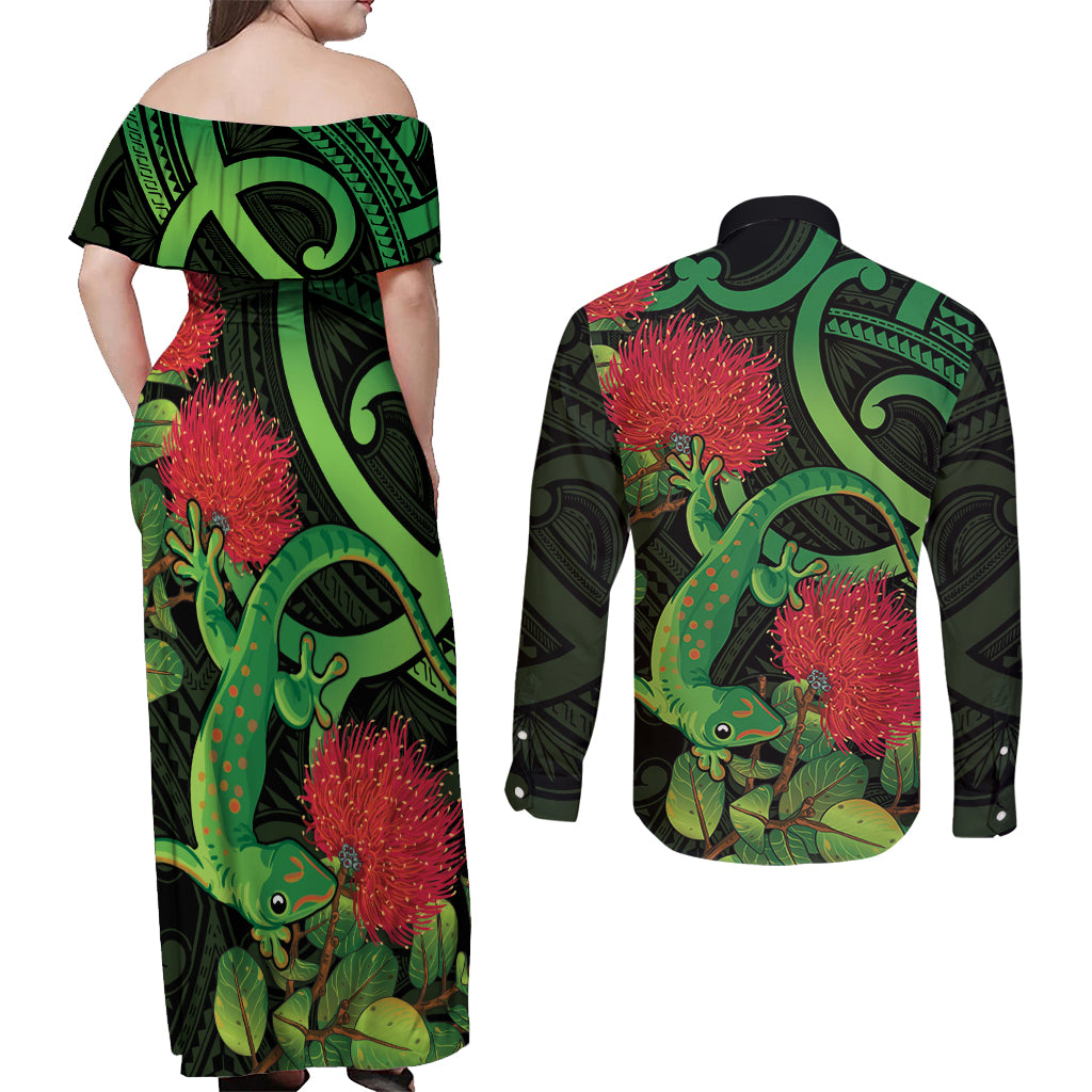 New Zealand Gecko Couples Matching Off Shoulder Maxi Dress and Long Sleeve Button Shirt Aotearoa Maori With Pohutukawa Flowers