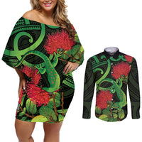 New Zealand Gecko Couples Matching Off Shoulder Short Dress and Long Sleeve Button Shirt Aotearoa Maori With Pohutukawa Flowers