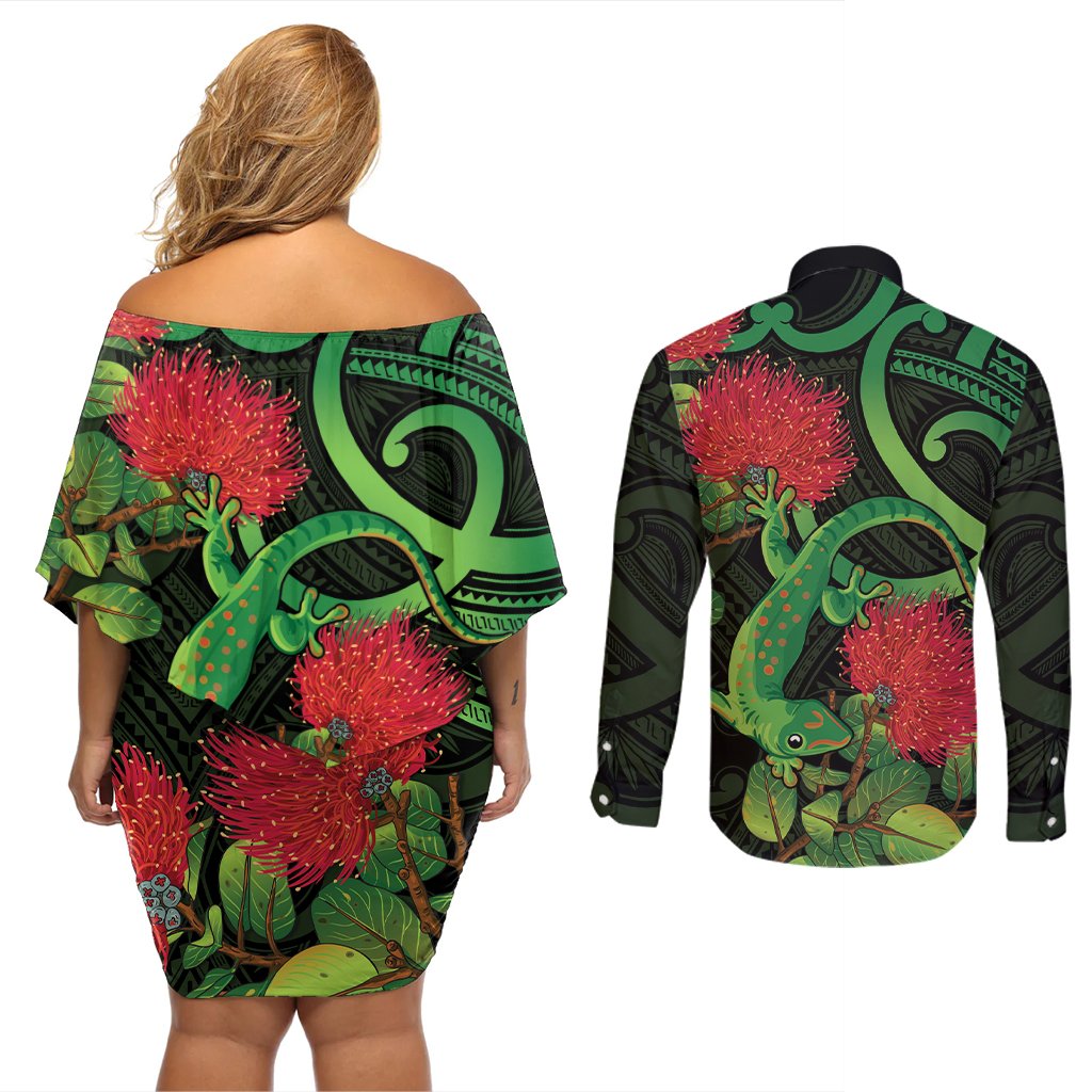 New Zealand Gecko Couples Matching Off Shoulder Short Dress and Long Sleeve Button Shirt Aotearoa Maori With Pohutukawa Flowers