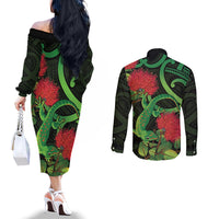 New Zealand Gecko Couples Matching Off The Shoulder Long Sleeve Dress and Long Sleeve Button Shirt Aotearoa Maori With Pohutukawa Flowers LT14 - Polynesian Pride