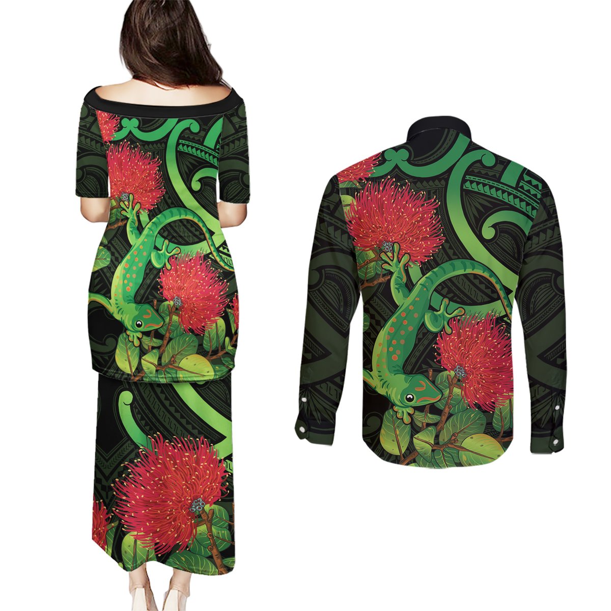 New Zealand Gecko Couples Matching Puletasi and Long Sleeve Button Shirt Aotearoa Maori With Pohutukawa Flowers