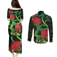 New Zealand Gecko Couples Matching Puletasi and Long Sleeve Button Shirt Aotearoa Maori With Pohutukawa Flowers