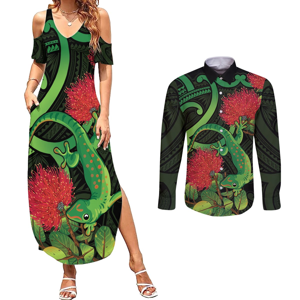 New Zealand Gecko Couples Matching Summer Maxi Dress and Long Sleeve Button Shirt Aotearoa Maori With Pohutukawa Flowers
