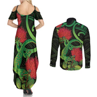 New Zealand Gecko Couples Matching Summer Maxi Dress and Long Sleeve Button Shirt Aotearoa Maori With Pohutukawa Flowers
