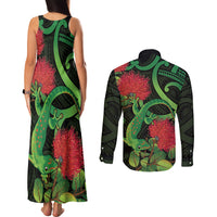 New Zealand Gecko Couples Matching Tank Maxi Dress and Long Sleeve Button Shirt Aotearoa Maori With Pohutukawa Flowers LT14 - Polynesian Pride