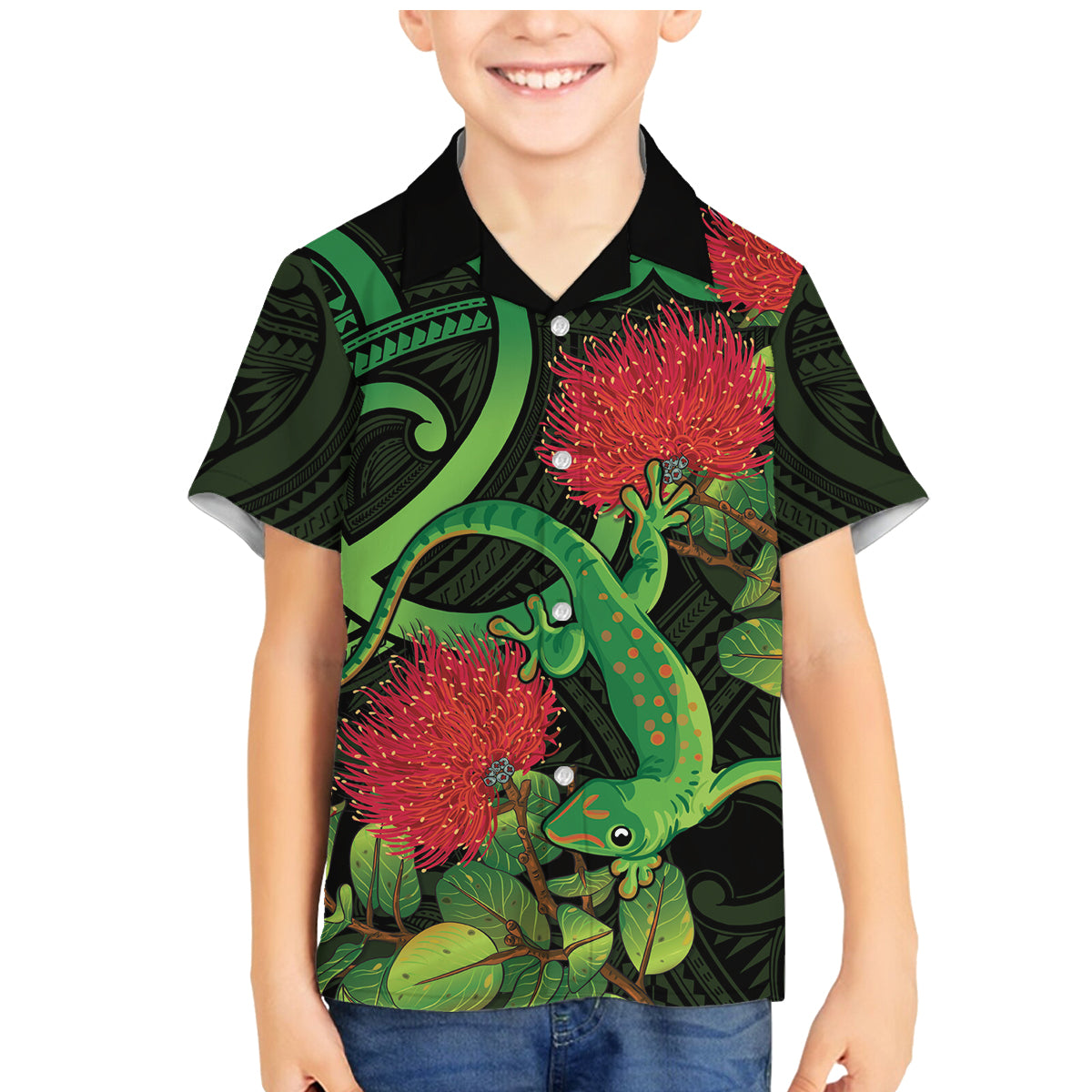 New Zealand Gecko Family Matching Mermaid Dress and Hawaiian Shirt Aotearoa Maori With Pohutukawa Flowers LT14 Son's Shirt Black - Polynesian Pride