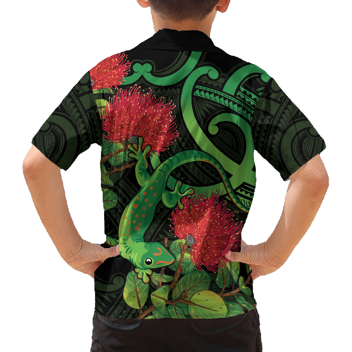 New Zealand Gecko Family Matching Off Shoulder Maxi Dress and Hawaiian Shirt Aotearoa Maori With Pohutukawa Flowers LT14 - Polynesian Pride
