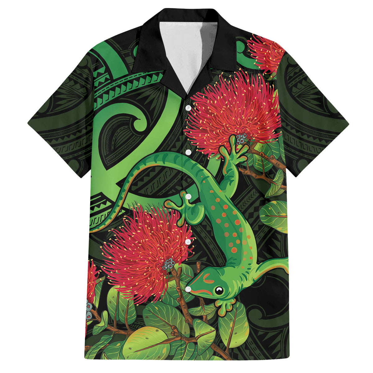 New Zealand Gecko Family Matching Off Shoulder Maxi Dress and Hawaiian Shirt Aotearoa Maori With Pohutukawa Flowers LT14 Dad's Shirt - Short Sleeve Black - Polynesian Pride