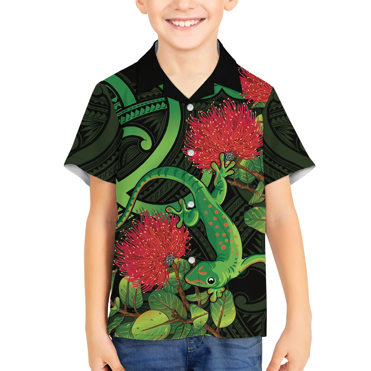 New Zealand Gecko Family Matching Off Shoulder Short Dress and Hawaiian Shirt Aotearoa Maori With Pohutukawa Flowers LT14 Son's Shirt Black - Polynesian Pride
