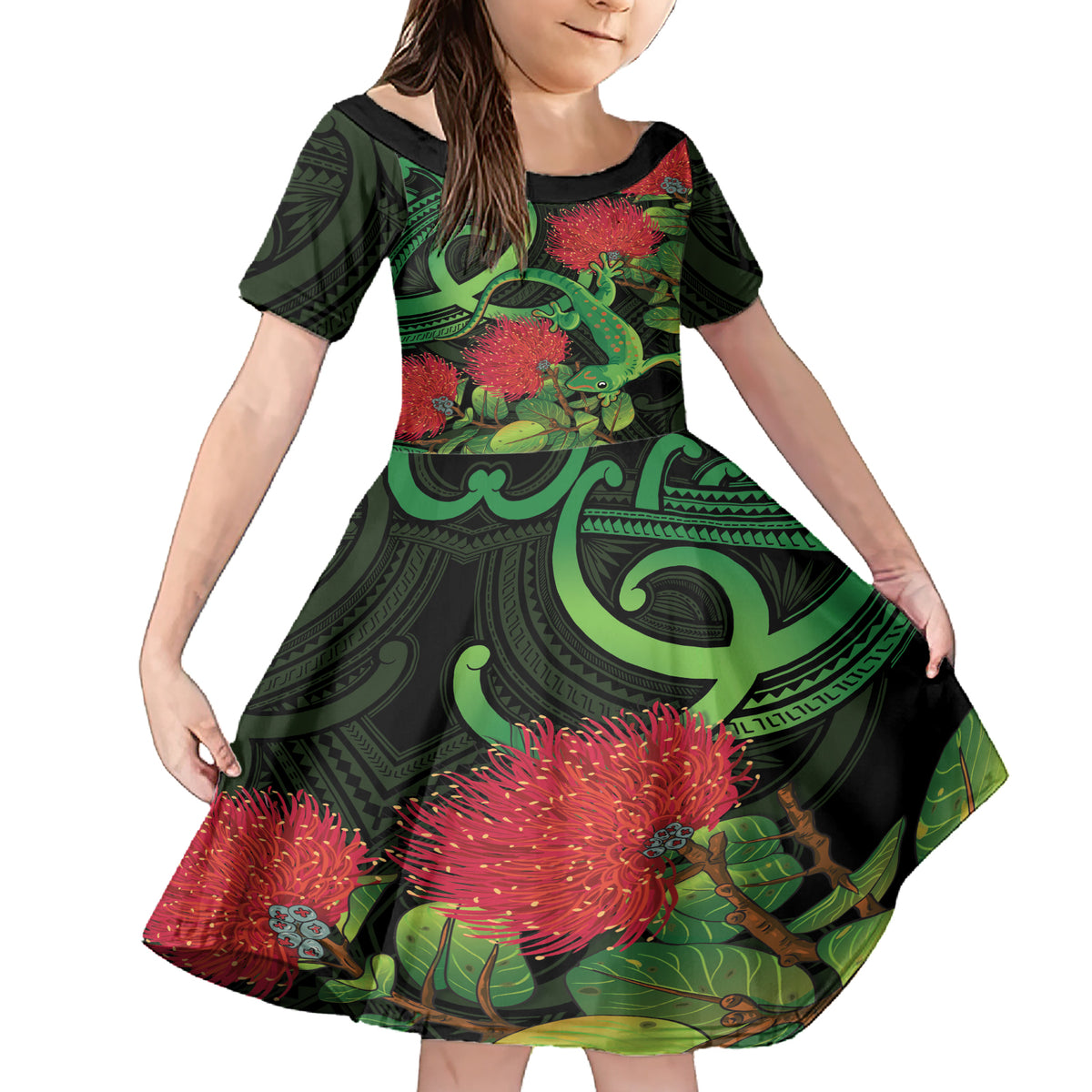 New Zealand Gecko Family Matching Short Sleeve Bodycon Dress and Hawaiian Shirt Aotearoa Maori With Pohutukawa Flowers LT14 Daughter's Dress Black - Polynesian Pride