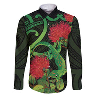 New Zealand Gecko Family Matching Short Sleeve Bodycon Dress and Hawaiian Shirt Aotearoa Maori With Pohutukawa Flowers LT14 Dad's Shirt - Long Sleeve Black - Polynesian Pride