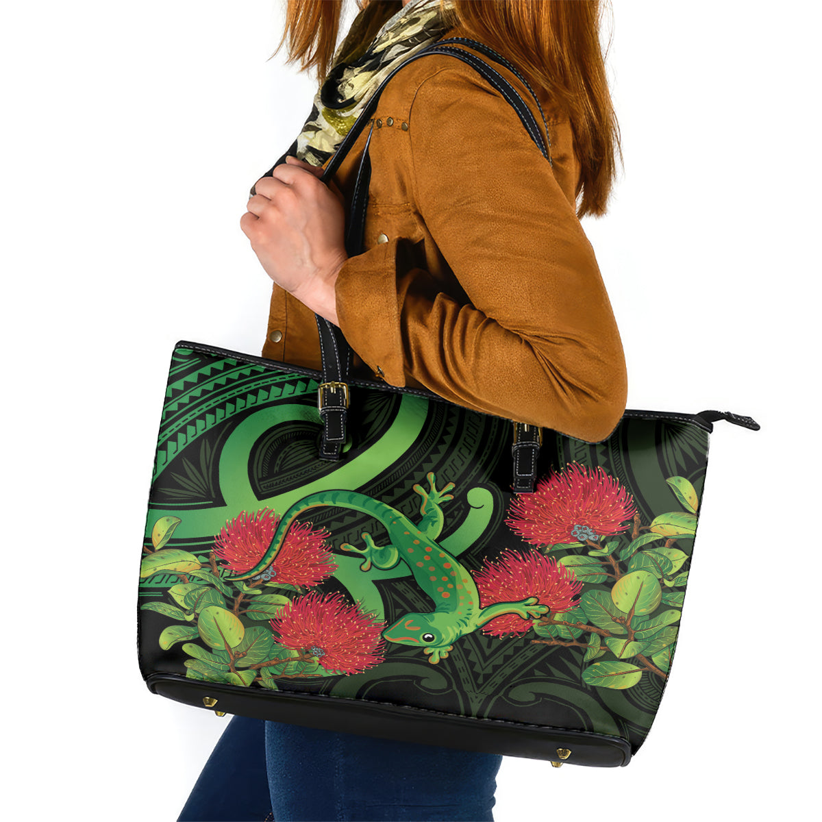 New Zealand Gecko Leather Tote Bag Aotearoa Maori With Pohutukawa Flowers LT14 Black - Polynesian Pride