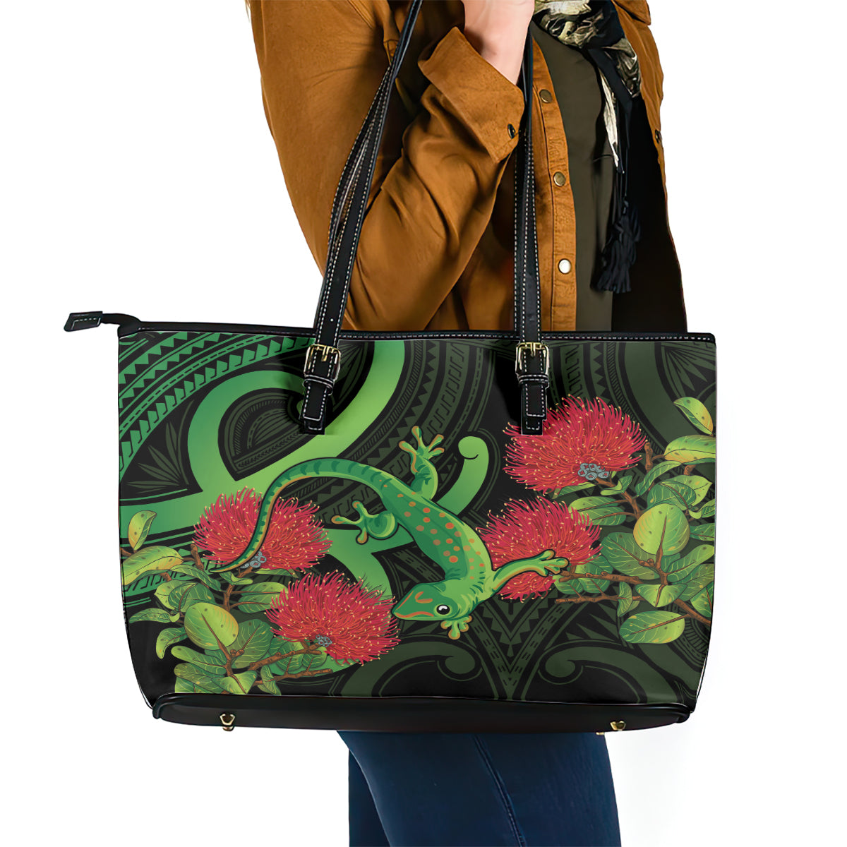 New Zealand Gecko Leather Tote Bag Aotearoa Maori With Pohutukawa Flowers LT14 - Polynesian Pride
