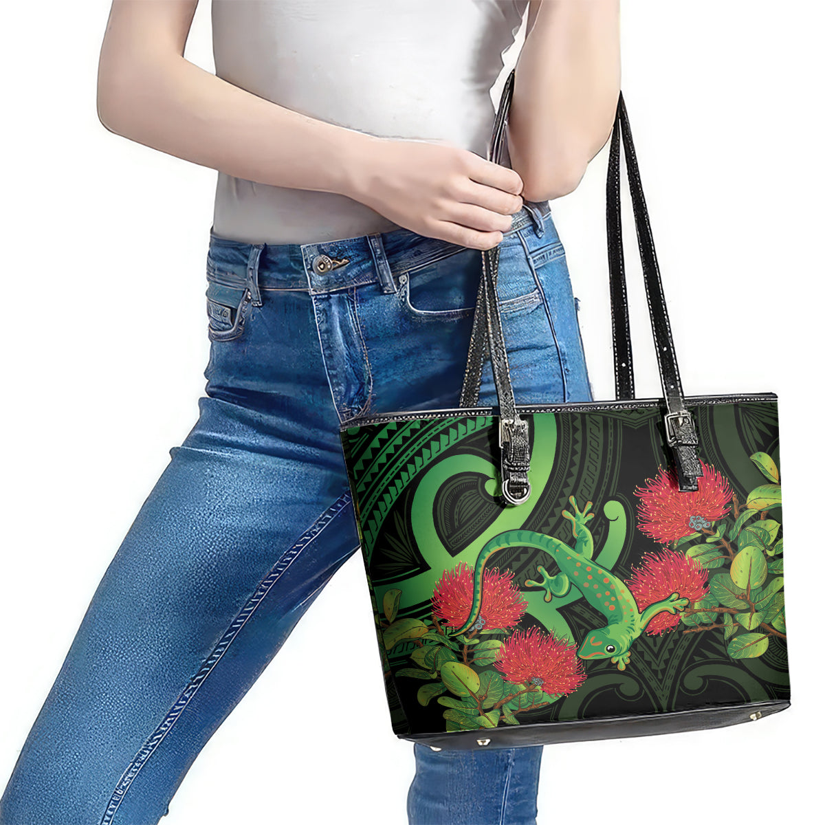New Zealand Gecko Leather Tote Bag Aotearoa Maori With Pohutukawa Flowers LT14 - Polynesian Pride
