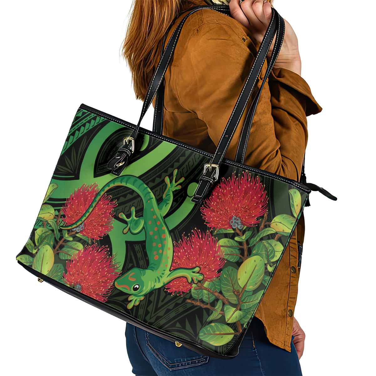 New Zealand Gecko Leather Tote Bag Aotearoa Maori With Pohutukawa Flowers LT14 - Polynesian Pride