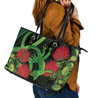 New Zealand Gecko Leather Tote Bag Aotearoa Maori With Pohutukawa Flowers LT14 - Polynesian Pride