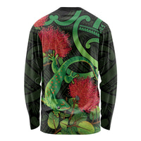 New Zealand Gecko Long Sleeve Shirt Aotearoa Maori With Pohutukawa Flowers