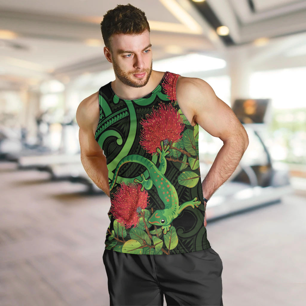 New Zealand Gecko Men Tank Top Aotearoa Maori With Pohutukawa Flowers LT14 Black - Polynesian Pride