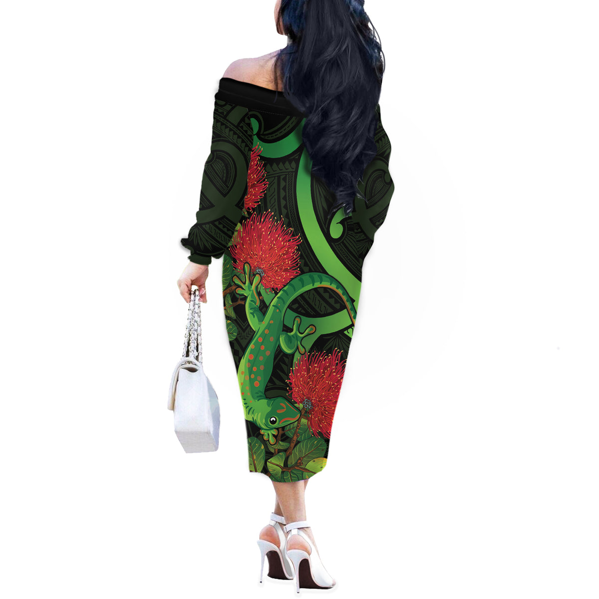 New Zealand Gecko Off The Shoulder Long Sleeve Dress Aotearoa Maori With Pohutukawa Flowers
