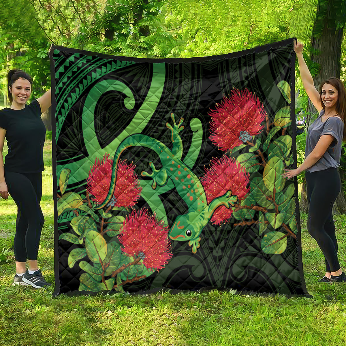 New Zealand Gecko Quilt Aotearoa Maori With Pohutukawa Flowers LT14 - Polynesian Pride