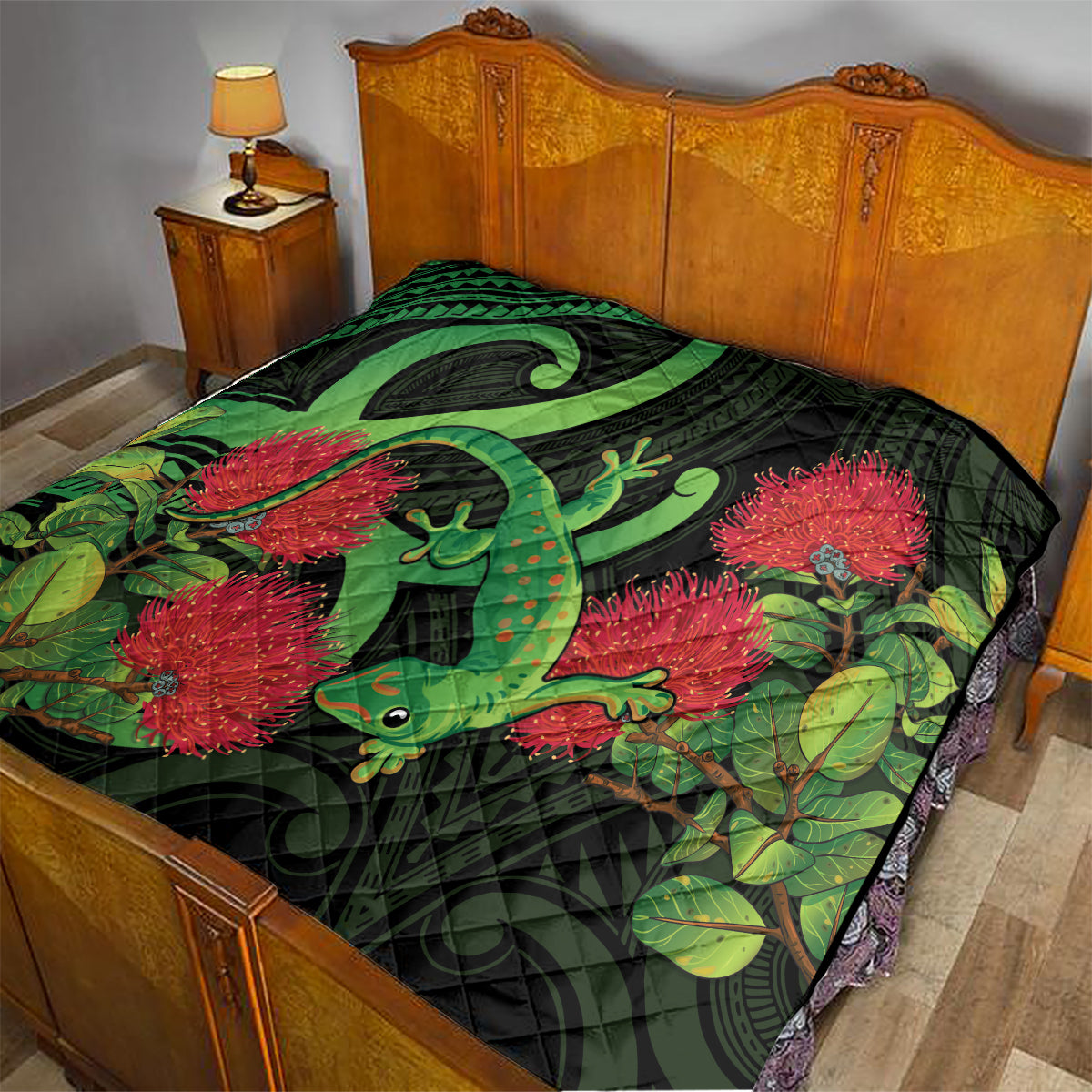 New Zealand Gecko Quilt Aotearoa Maori With Pohutukawa Flowers LT14 - Polynesian Pride