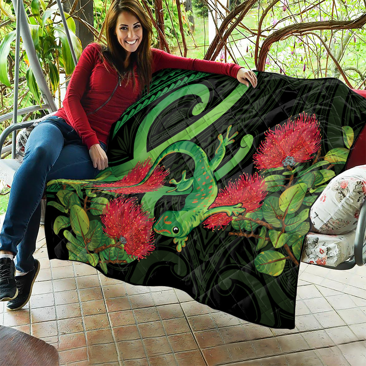 New Zealand Gecko Quilt Aotearoa Maori With Pohutukawa Flowers LT14 - Polynesian Pride