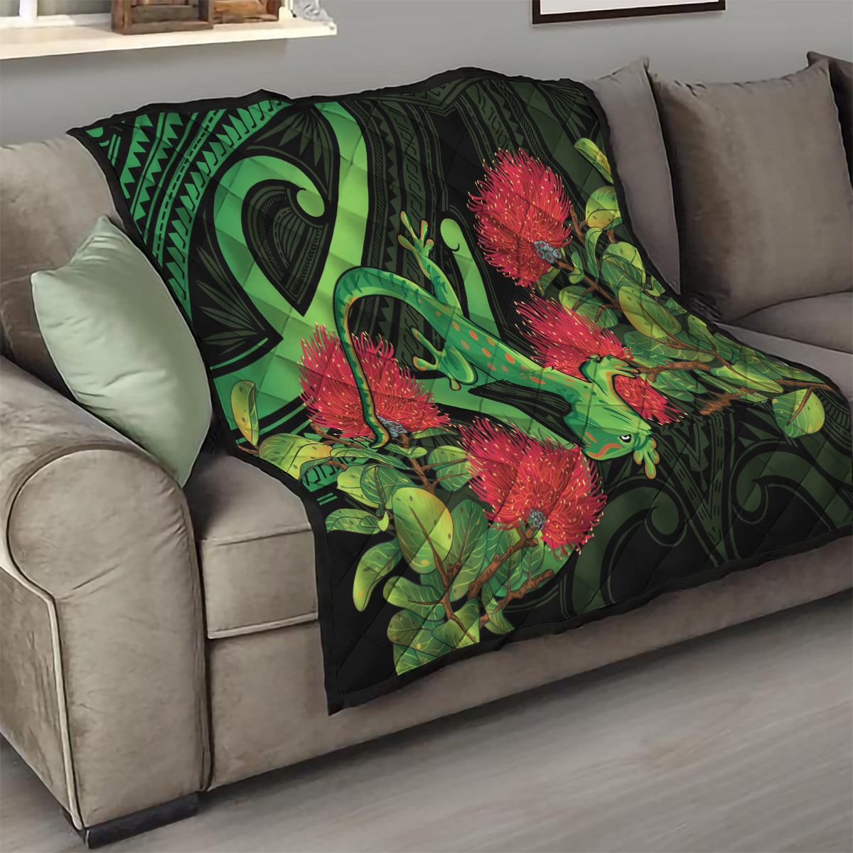New Zealand Gecko Quilt Aotearoa Maori With Pohutukawa Flowers LT14 - Polynesian Pride
