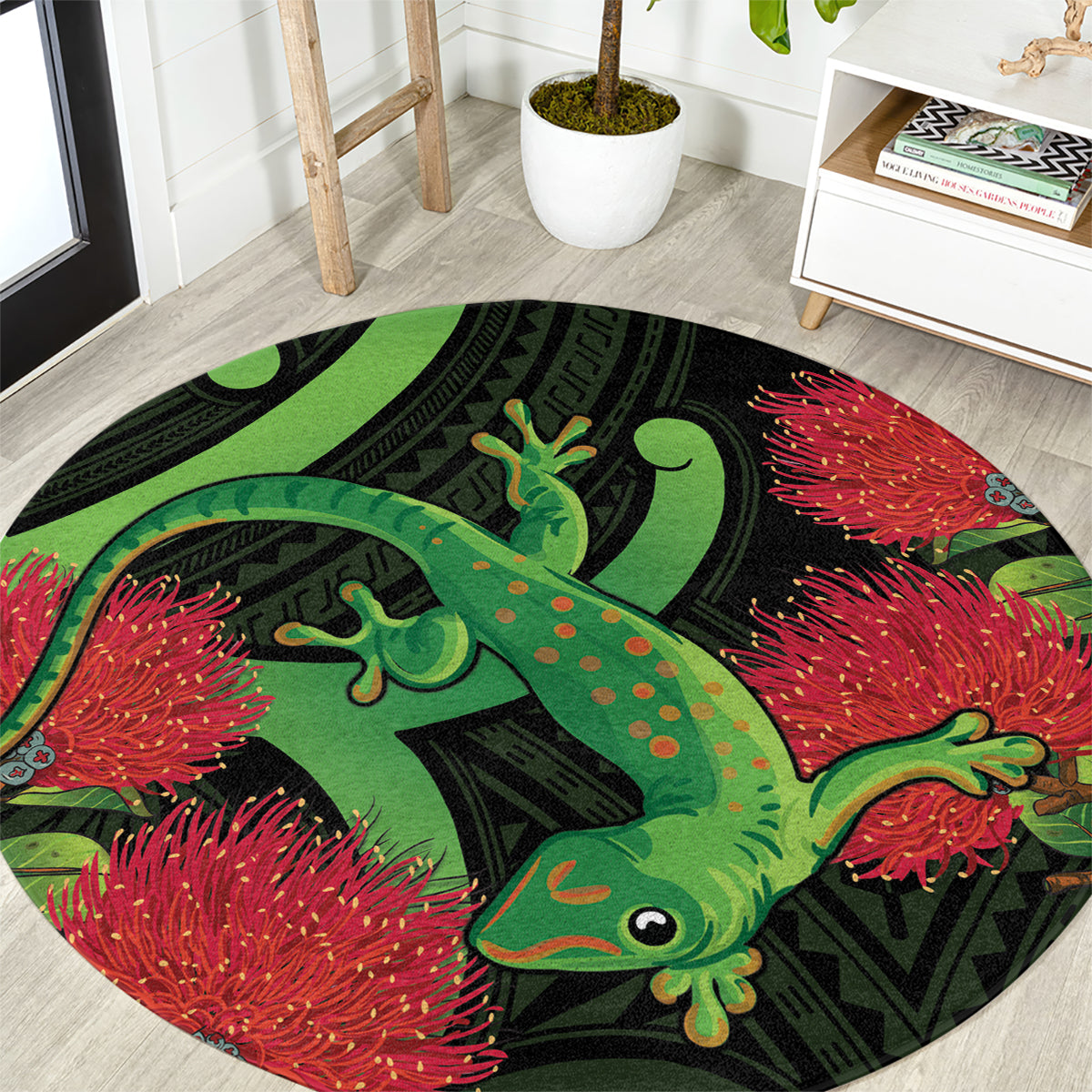 New Zealand Gecko Round Carpet Aotearoa Maori With Pohutukawa Flowers