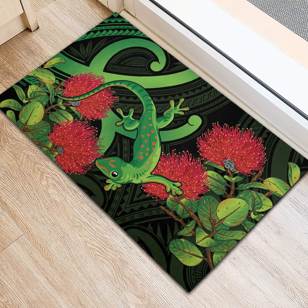 New Zealand Gecko Rubber Doormat Aotearoa Maori With Pohutukawa Flowers LT14 - Polynesian Pride