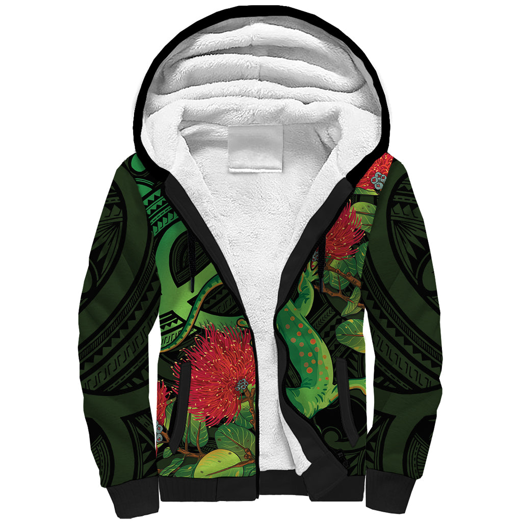 New Zealand Gecko Sherpa Hoodie Aotearoa Maori With Pohutukawa Flowers