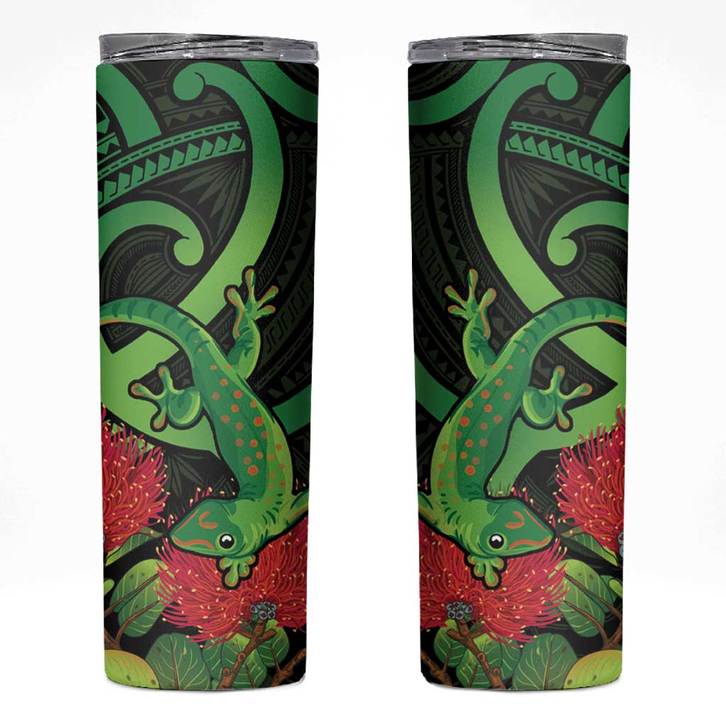 New Zealand Gecko Skinny Tumbler Aotearoa Maori With Pohutukawa Flowers LT14 Black - Polynesian Pride