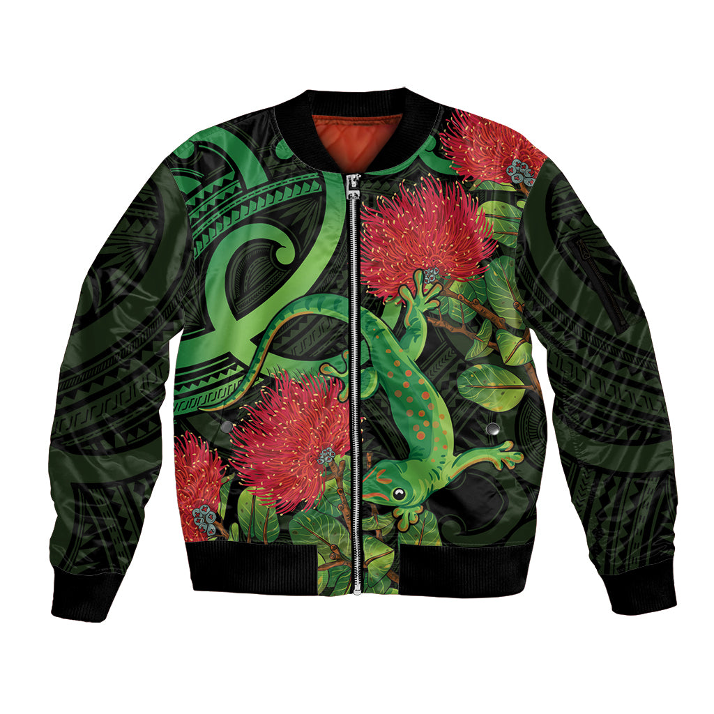 New Zealand Gecko Sleeve Zip Bomber Jacket Aotearoa Maori With Pohutukawa Flowers