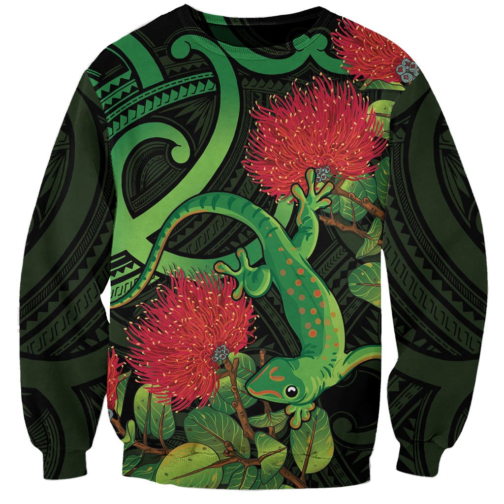 New Zealand Gecko Sweatshirt Aotearoa Maori With Pohutukawa Flowers LT14 Unisex Black - Polynesian Pride