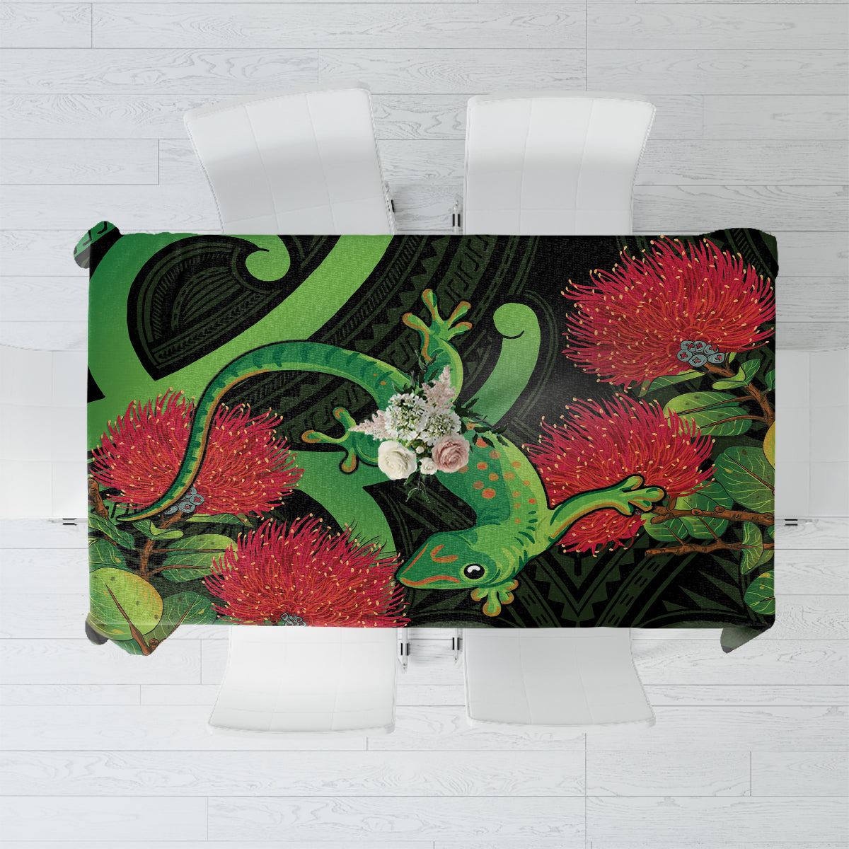New Zealand Gecko Tablecloth Aotearoa Maori With Pohutukawa Flowers